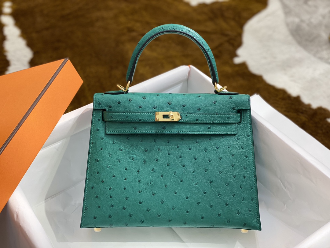 Hermes Kelly 25cm Handbag Shoulder Bag in Vert Vertigo Ostrich Leather